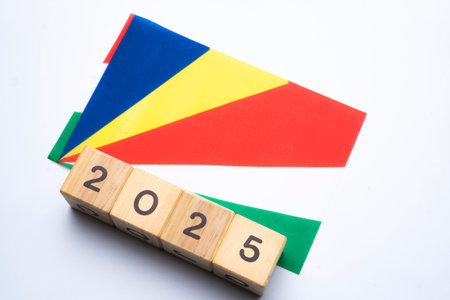 2025, Seychelles, Seychelles flag with date block, Concept, Important events for Seychelles in the new year, election, economy, social activities, central bank, Seychelles foreign policyの写真素材