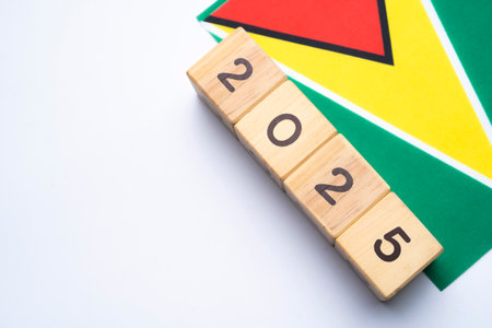2025, Guyana, Guyana flag with date block, Concept, Important events for Guyana in the new year,...