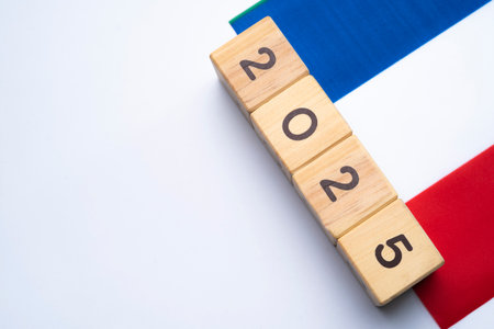 2025, France flag with date block, Concept, Important events for France the new year, election,...