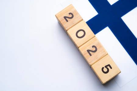 2025, Finland, Finland flag with date block, Concept, Important events for Finland the new year,...