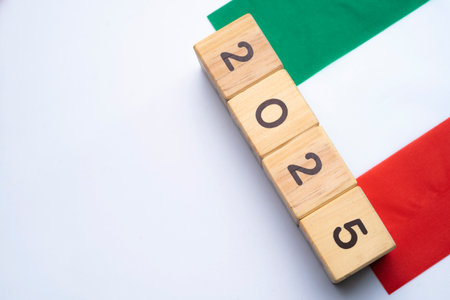 2025, Italy flag with date block, Concept, Important events for Italy the new year, election, economy, social activities, central bank, Italy foreign policyの写真素材