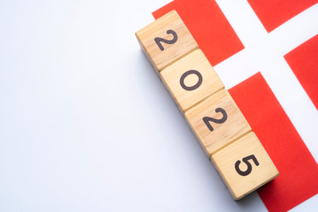2025, Denmark flag with date block, Concept, Important events for Denmark the new year, election,...