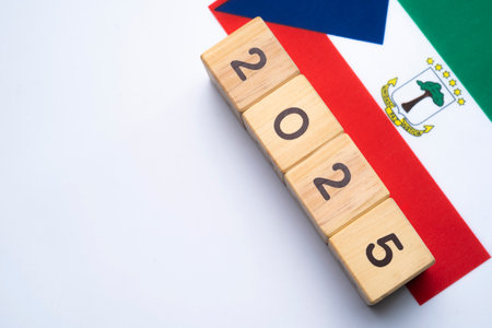 2025, Equatorial Guinea, Equatorial Guinea flag with date block, Concept, Important events for Equatorial Guineain the new year, election, economy, social activities, central bank, Equatorial Guinea foreign policyの写真素材