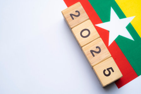 2025, Myanmar, Myanmar flag with date block, Concept, Important events for Myanmar the new year, election, economy, social activities, central bank, Myanmar foreign policyの写真素材