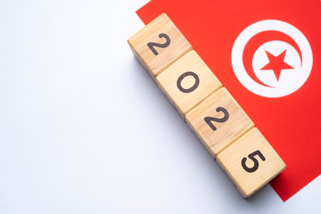 2025, Tunisia flag with date block, Concept, Important events for Tunisia the new year, election,...