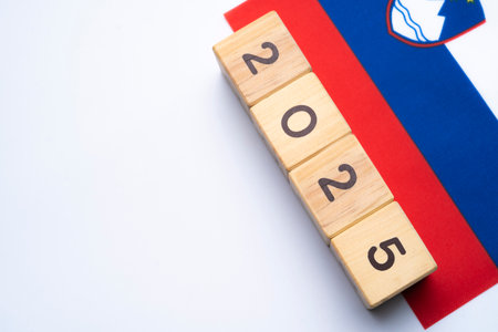 2025, Slovenia flag with date block, Concept, Important events for Slovenia the new year, election,...