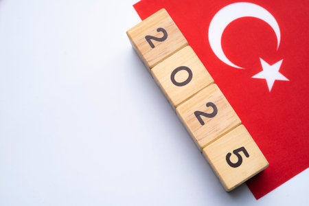2025, TÃ¼rkiyea flag with date block, Concept, Important events for TÃ¼rkiye the new year,...