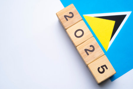 2025, Saint Lucia Flag with date block, Concept, Important events for Saint Lucia the new year,...
