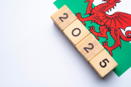 2025, Wales, Wales flag with date block, Concept, Important events for Wales in the new year,...