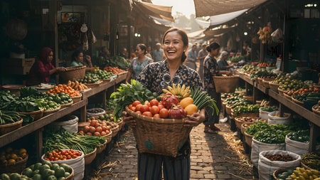 A joyful young Indonesian woman smiling brightly while shopping for fresh vegetables and fruits at a vibrant local marketの素材