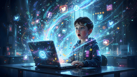 Shocked and surprised boy on the internet with laptop computerの素材