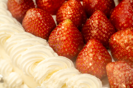 Fresh Strawberry Cake with Cream Topping Closeup