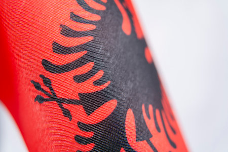 Close Up Albania Flag Fabric Texture Detailの写真素材