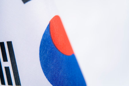Close Up South Korea Flag Fabric Textureの写真素材