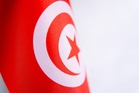 Tunisia Flag Fabric Texture Close Up Backgroundの写真素材