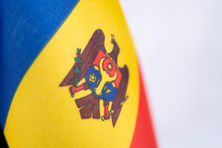 Moldova Flag Fabric Texture Macro Close Upの写真素材