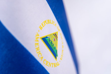 Nicaragua Flag Fabric Texture Macro Close Upの写真素材