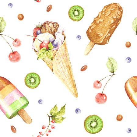 Seamless pattern with ice cream. Hand draw watercolor illustration.の写真素材