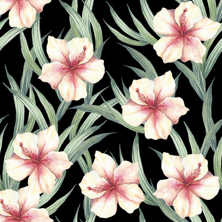 Seamless pattern with tropical flowers and leaves. Watercolor illustrationの写真素材