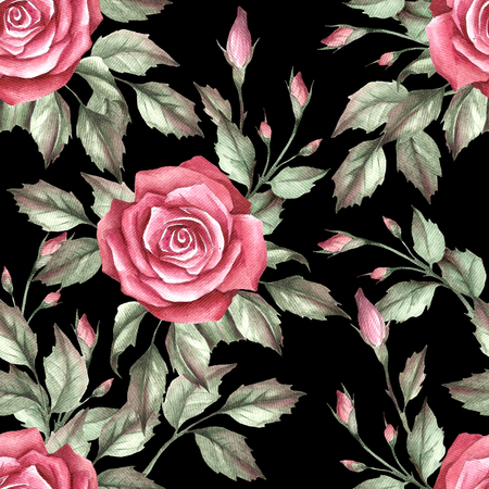 Seamless pattern with roses. Hand draw watercolor illustrationの写真素材
