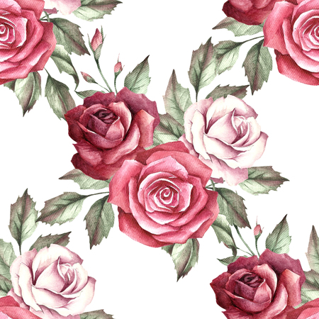 Seamless pattern with roses. Hand draw watercolor illustrationの写真素材