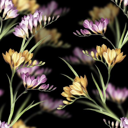 Seamless pattern with Freesia. Hand draw watercolor illustrationの写真素材