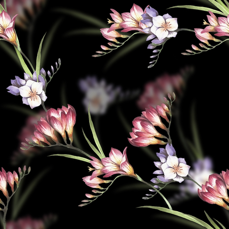 Seamless pattern with Freesia. Hand draw watercolor illustrationの写真素材