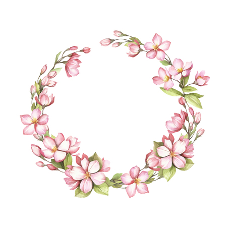 A garland of sakura blossoms. Hand draw watercolor illustration.の写真素材