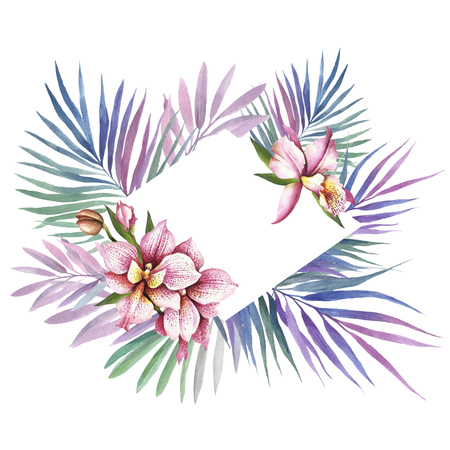 Frame with Orchids. Hand draw watercolor illustration.の写真素材