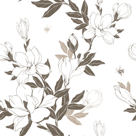 Vintage Magnolia flowers and buds. Seamless pattern. Vector Illustration.のイラスト素材