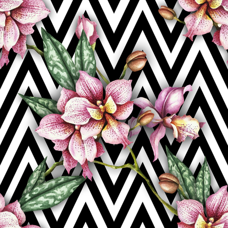 Seamless pattern with watercolor orchid flowers on abstract white black geometric background.の写真素材