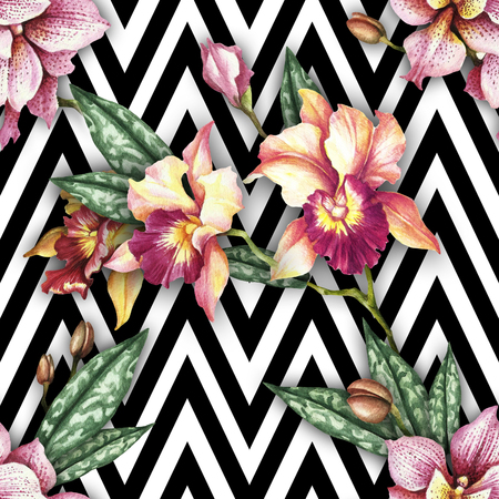 Seamless pattern with watercolor orchid flowers on abstract white black geometric background.の写真素材