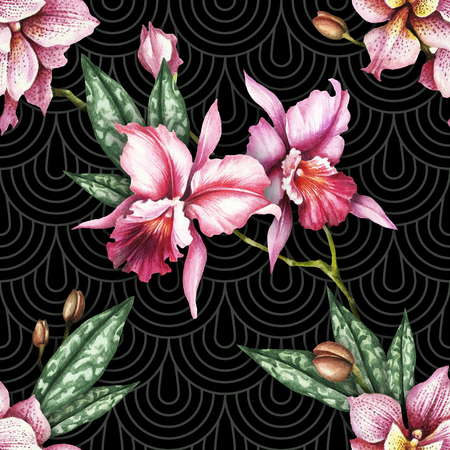 Seamless pattern with watercolor orchid flowers on abstract background.の写真素材