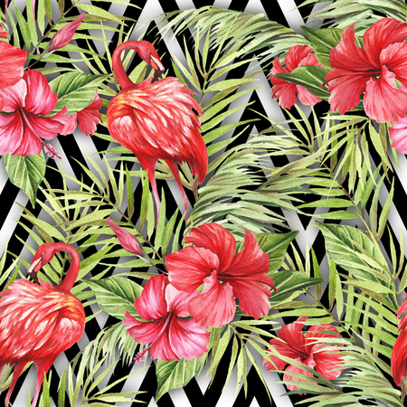 Seamless pattern with watercolor flamingo and hibiscus flowers on abstract white black geometric background.の写真素材