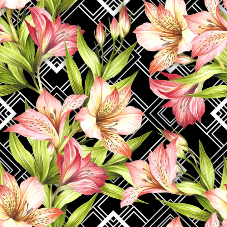 Seamless pattern with watercolor alstroemeria flowers on abstract white black geometric background.の写真素材