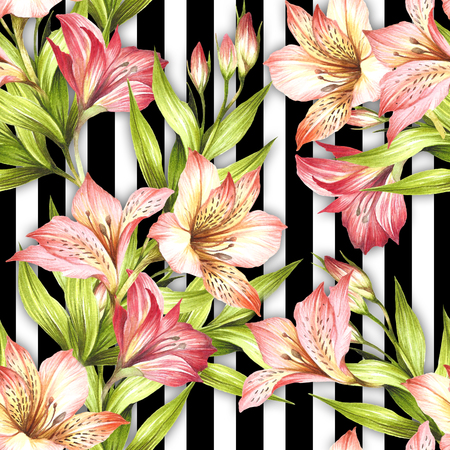 Seamless pattern with watercolor alstroemeria flowers on abstract white black geometric background.の写真素材