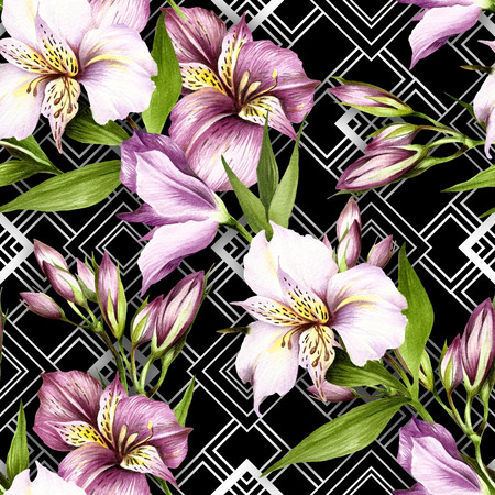 Seamless pattern with watercolor alstroemeria flowers on abstract white black geometric background.の写真素材