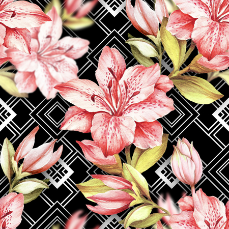 Seamless pattern with watercolor Azalea flowers on abstract white black geometric background.の写真素材
