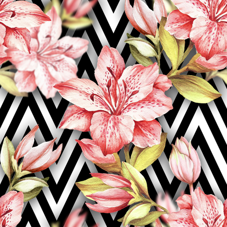 Seamless pattern with watercolor Azalea flowers on abstract white black geometric background.の写真素材