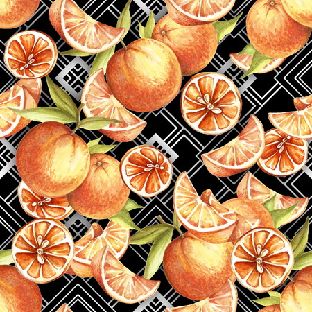 Seamless pattern with watercolor oranges on abstract white black geometric background.の写真素材