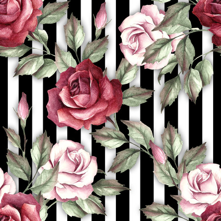 Seamless pattern with watercolor roses on abstract white black geometric background.の写真素材