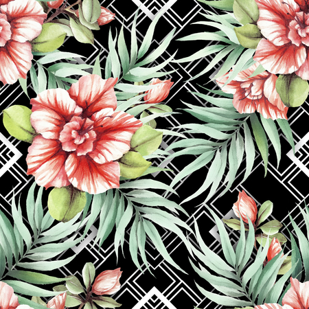 Seamless pattern with watercolor Azalea flowers on abstract white black geometric background.の写真素材