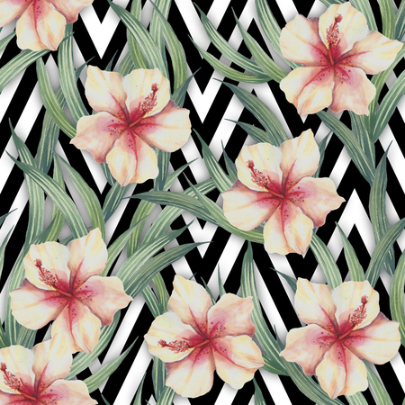 Seamless pattern with watercolor exotic flowers and leaves on abstract white black geometric background.の写真素材
