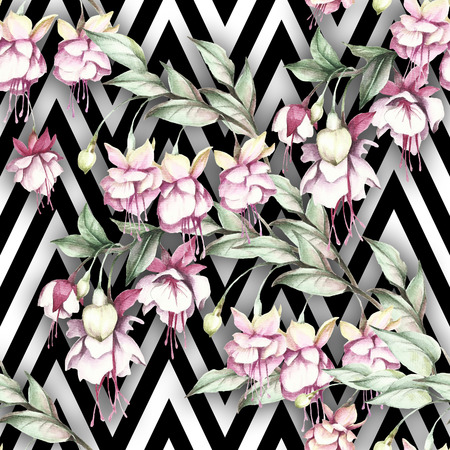 Seamless pattern with watercolor exotic flowers on abstract geometric background.の写真素材