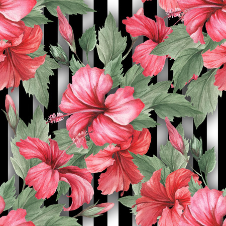 Seamless pattern with watercolor hibiscus flowers on abstract white black geometric background.の写真素材