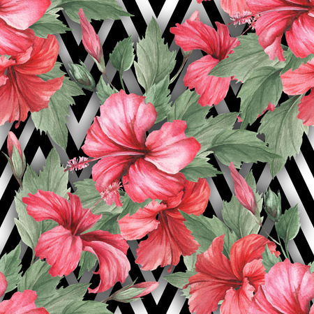 Seamless pattern with watercolor hibiscus flowers on abstract white black geometric background.の写真素材