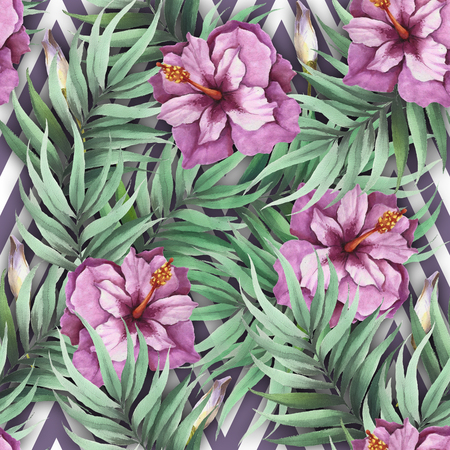 Seamless pattern with watercolor exotic flowers and leaves on abstract geometric background.の写真素材