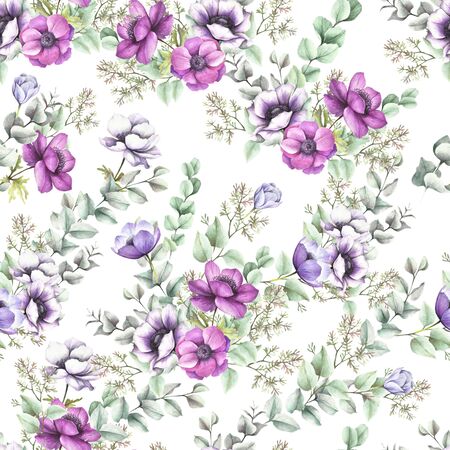 Seamless pattern with anemones and eucalyptus. Hand draw watercolor illustration.の写真素材