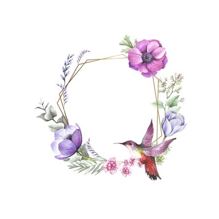 Universal background with anemones, eucalyptus and birdie. Hand draw watercolor illustration.の写真素材