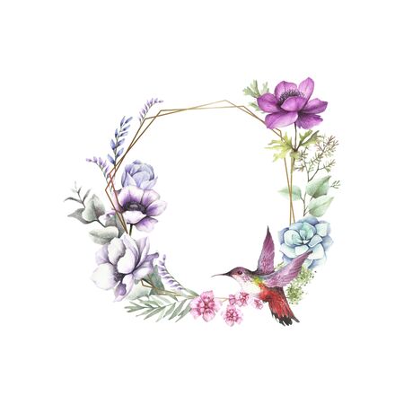 Universal background with anemones, eucalyptus and birdie. Hand draw watercolor illustration.の写真素材